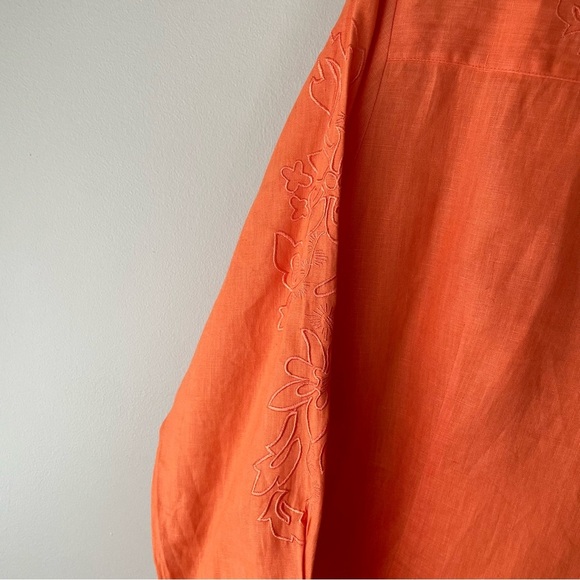 Edward Irish Linen Orange Embroidered 100% Linen Button Down Top Shirt Plus Size - Picture 4 of 10